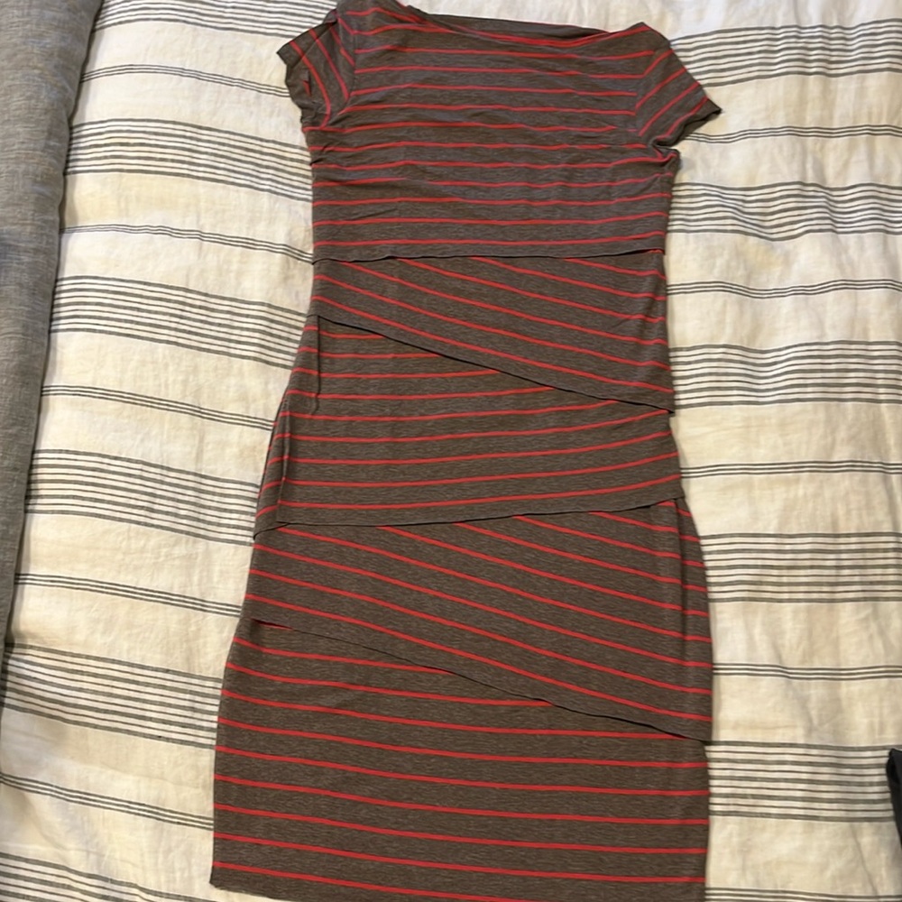Anthropologie Bailey 44 brand jersey dress Tan & bright red stripes, size M